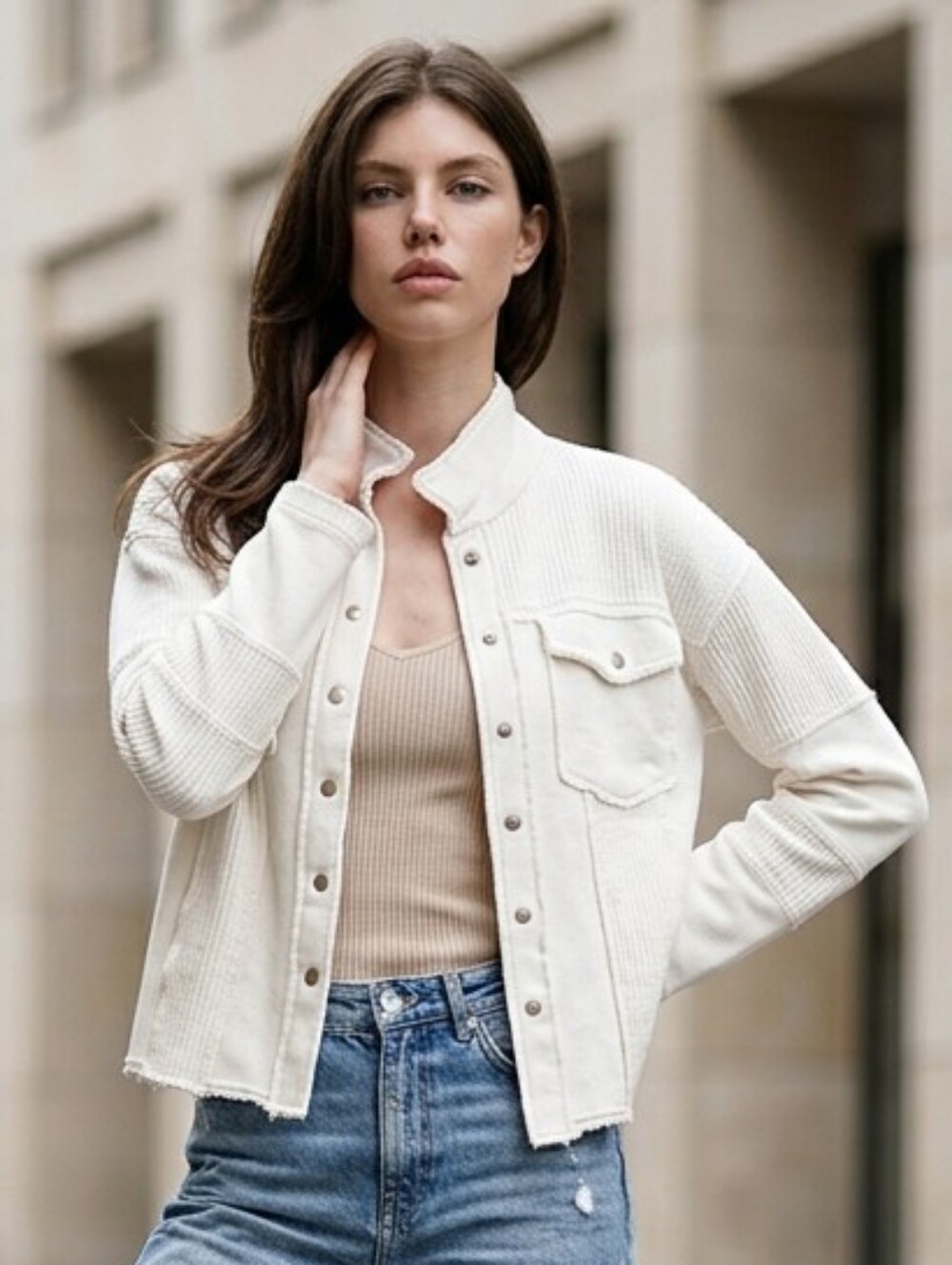 Pol SZ S Waffle Knit Shacket Relaxed Boho Mix Fabric Raw Edges White Snap Close